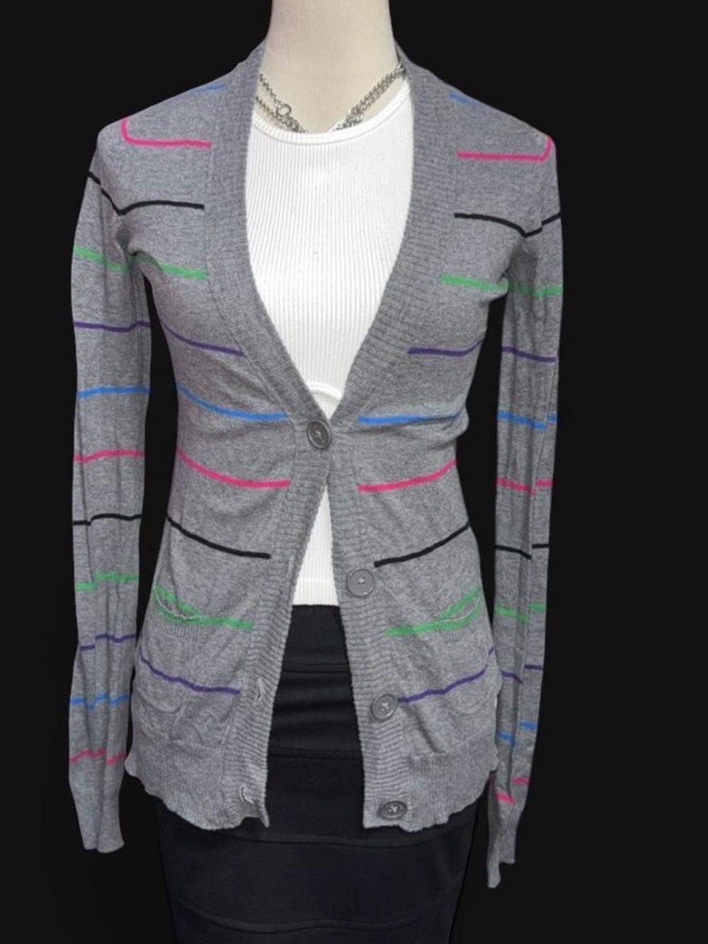 Billabong Gray Button-Front Cardigan with Multicolor Stripes